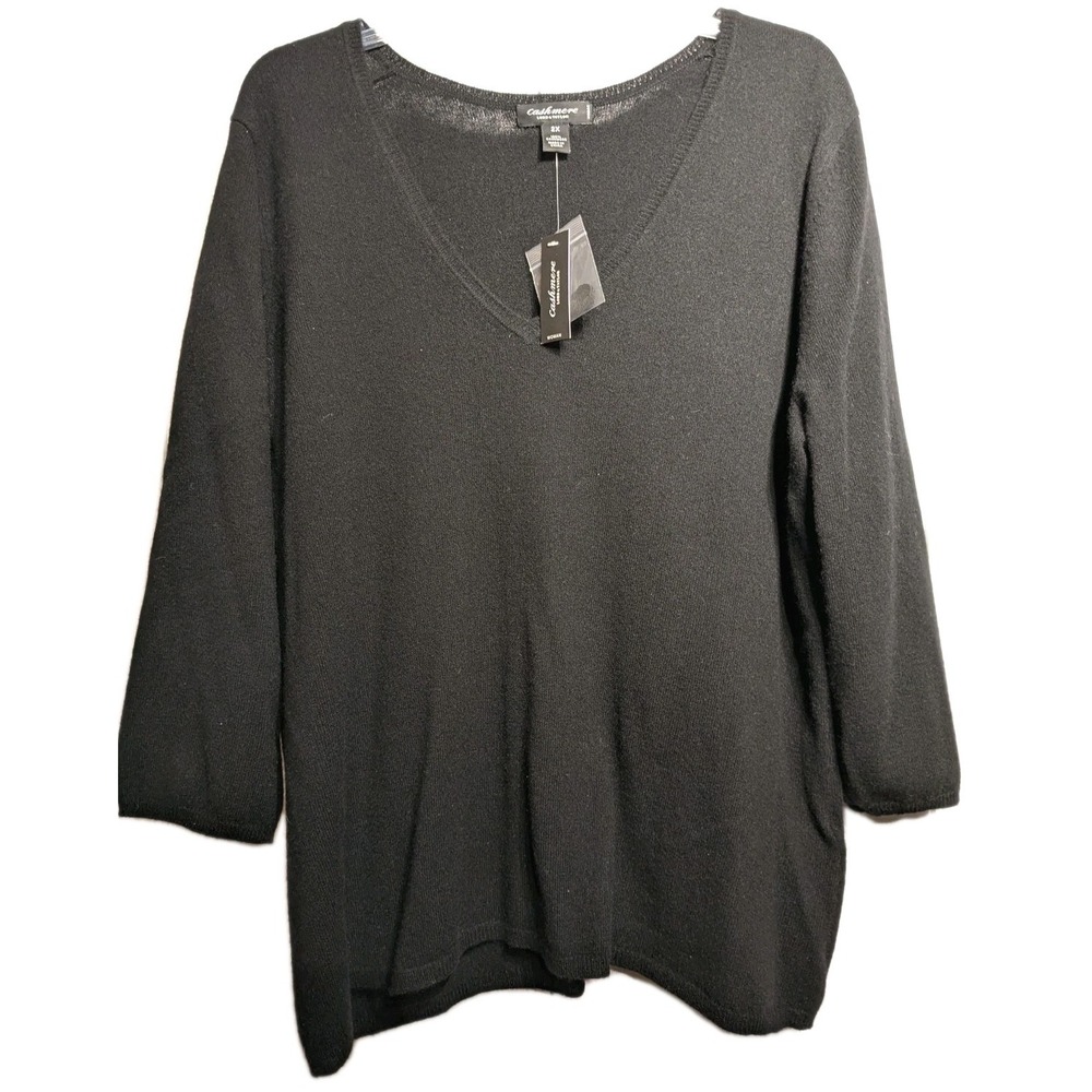 Lord & Taylor Sweater Women 2X Black Cashmere V Neck 3/4 Sleeve Pullover NWT